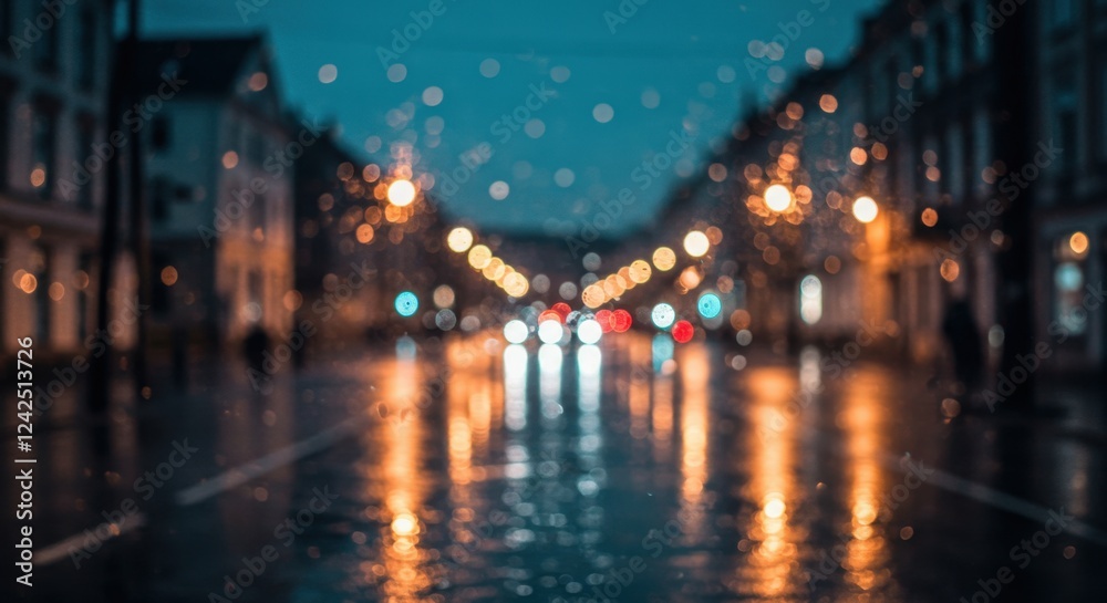 Nighttime urban street with blurred lights reflected in rain-soaked pavement Nighttime urban street with blurred lights reflected in rain-soaked pavement