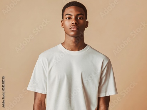 Portrait of Young African Man with Neutral Expression Wearing White T Shirt and Standing in Studio photo