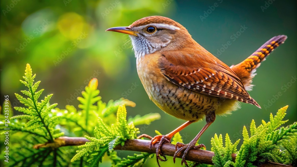 Fototapeta premium Captivating Side View of a Perched Wren Amidst Lush Greenery â€“ Nature Bird Photography, Wildlife, Avian Beauty, Detailed Feathers, Outdoor Scene, Colorful, Delicate Features, Serene Environment