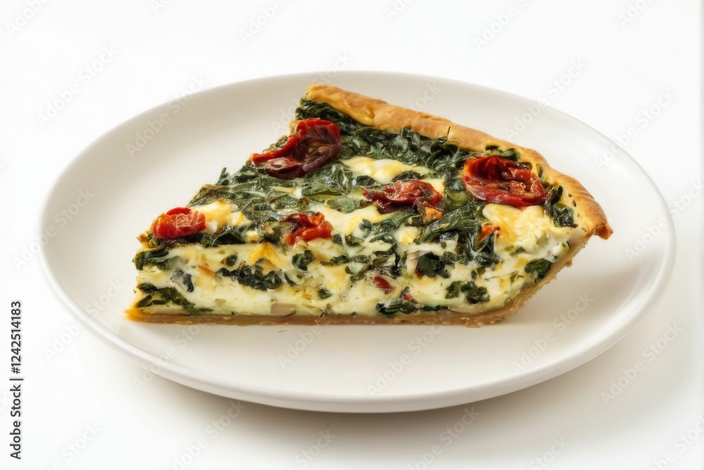 Delicious spinach and feta quiche with sundried tomatoes on a white plate, vibrant colors and crispy crust. Delicious spinach and feta quiche with sundried tomatoes on a white plate, vibrant colors and crispy crust.