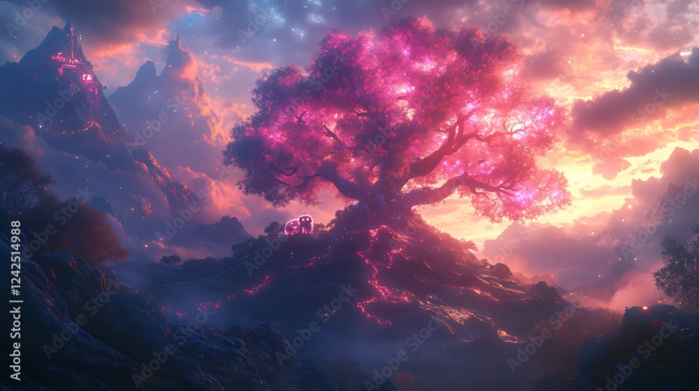 Naklejka premium Glowing Tree Fantasy Landscape Sunset Digital Art