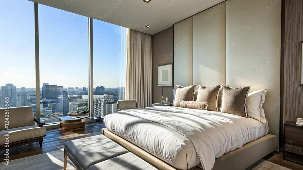 Urban Oasis: A luxurious bedroom with floor-to-ceiling windows offering breathtaking panoramic city views. Urban Oasis: A luxurious bedroom with floor-to-ceiling windows offering breathtaking panoramic city views.