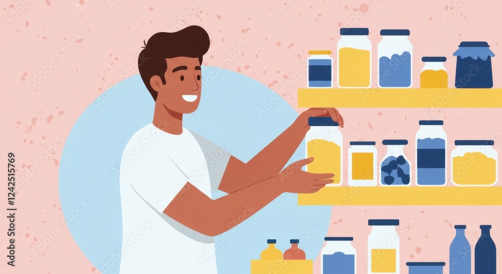 Young man organizing pantry shelves with jars of food in a modern kitchen setting Young man organizing pantry shelves with jars of food in a modern kitchen setting