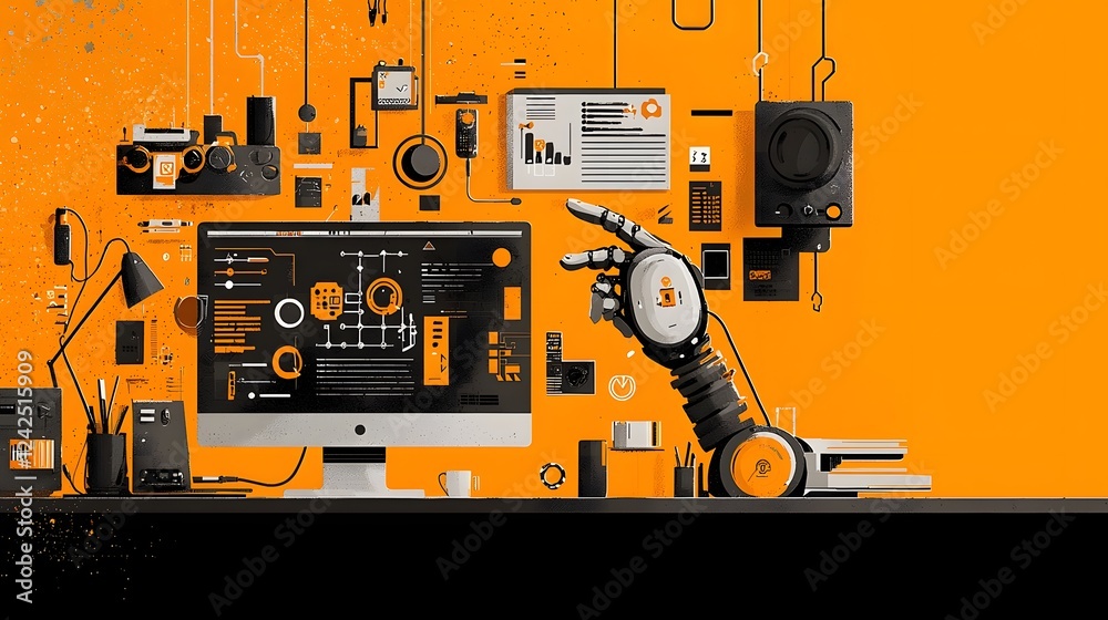 Fototapeta premium Symbolic handshake between a human hand and a robotic hand representing the and of human and intelligence in a modern high tech office environment