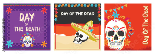 Colorful Day of the Dead poster graphics with creative skull designs.
