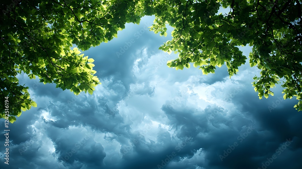 Fototapeta premium Green Leaves Frame Dark Stormy Sky