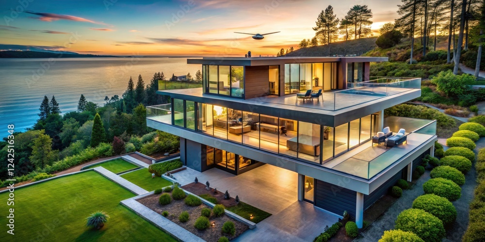 Fototapeta premium Contemporary Minimalist Home Design with Ocean View through Expansive Windows â€“ Drone Photography Capturing Serene Coastal Living and Modern Architecture