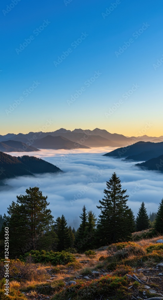 Fototapeta premium Serene mountain landscape at sunrise with misty valley and pine trees