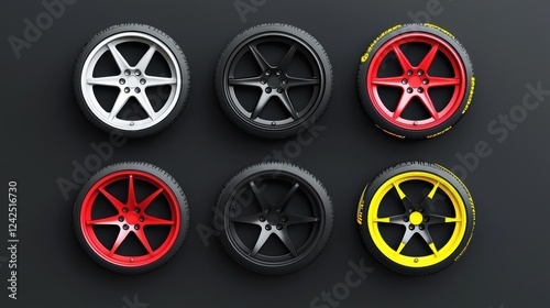 Isolated images showcasing red, yellow, and white line designs on tyres.