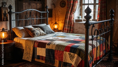 Rustic bedroom with iron bed and patchwork quilt
