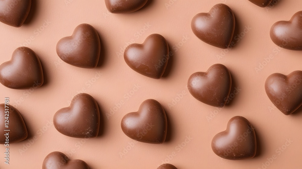 Fototapeta premium mocha brown heart-shaped objects scattered across the frame against a brown background, Generative AI