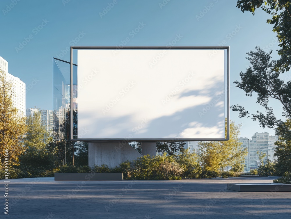 Obraz premium White Billboard Displaying Cloudy Sky Silhouette Over City Buildings and Lush Greenery Scenery