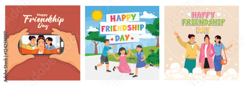 Happy Friendship Day celebrations depicting people enjoying together in vibrant activities.