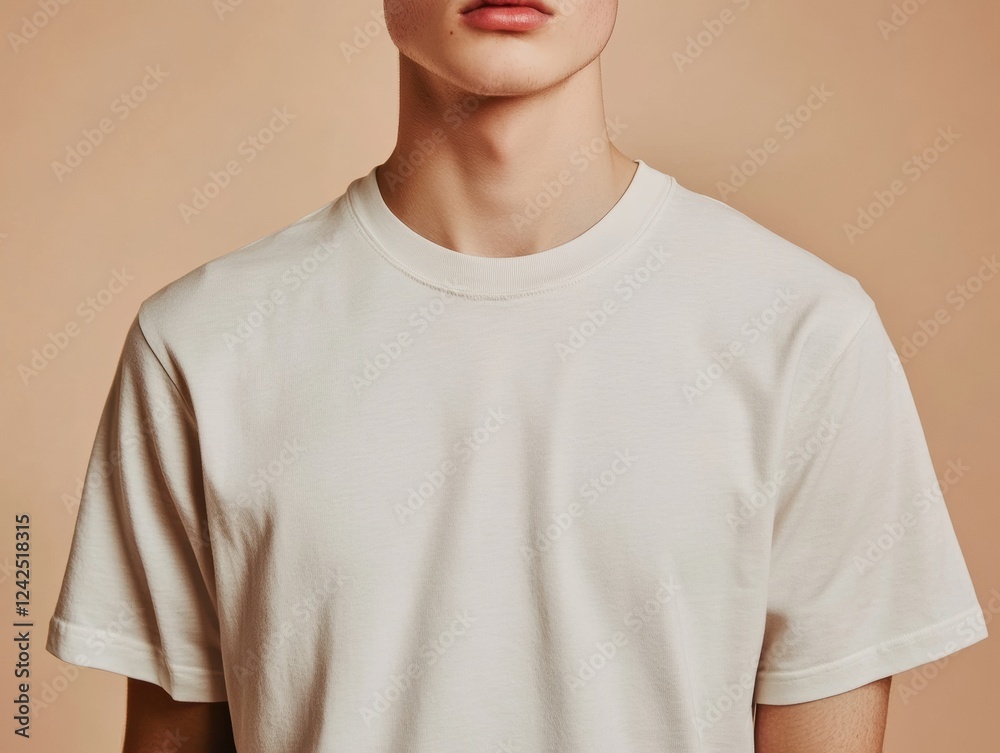 White TShirt Featuring Upper Chest Neck and Face of Male Against a Neutral Beige Background White TShirt Featuring Upper Chest Neck and Face of Male Against a Neutral Beige Background