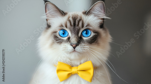 Adorable Ragdoll Cat with Blue Eyes Wearing Yellow Bow Tie photo