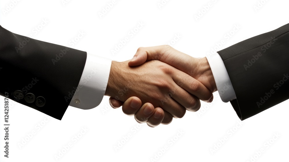 Business partnership handshake between two men in formal black and white attire on a neutral background symbolizing collaboration and agreement