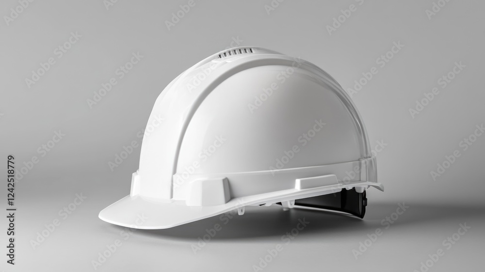 Fototapeta premium White hard hat on a smooth grey background symbolizing safety and engineering profession, representing occupational safety tools for engineers and construction workers.