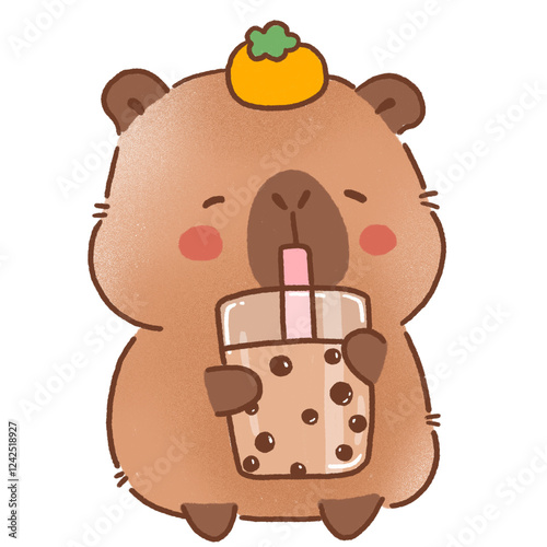 Cute capybara cartoon animal enjoying drink with cheerful expression