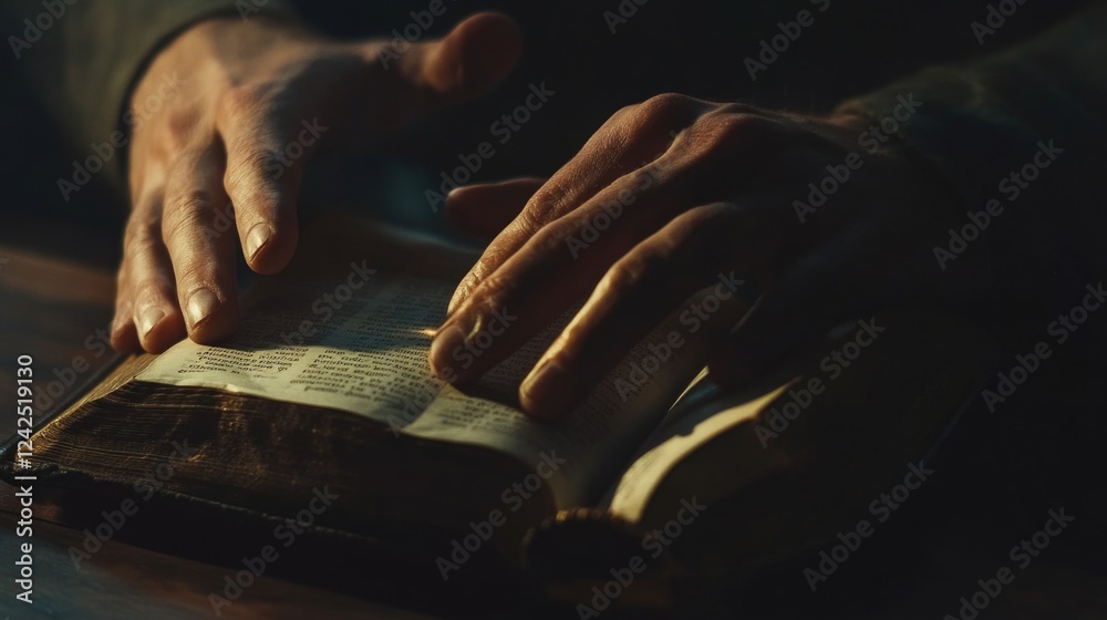 Praying Hands resting on an Open Bible in Warm Light with Soft Shadows Reflecting a Serene Atmosphere Symbolizing Faith and Spirituality Praying Hands resting on an Open Bible in Warm Light with Soft Shadows Reflecting a Serene Atmosphere Symbolizing Faith and Spirituality