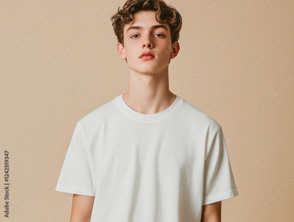 Young Man Posing in a Plain White T Shirt Portrait Neutral Background Casual Fashion Style Young Man Posing in a Plain White T Shirt Portrait Neutral Background Casual Fashion Style