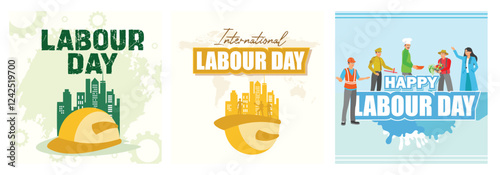 Illustrative designs for International Labour Day celebrations with hard hat and workers.