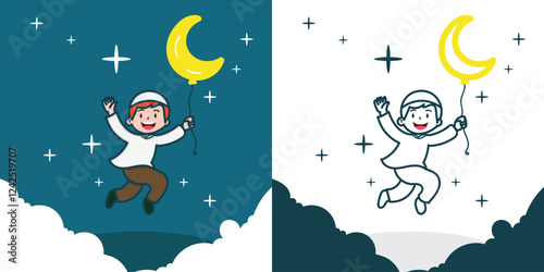 A cute little Muslim boy jumping happy with a moonshaped balloon for Ramadhan design element