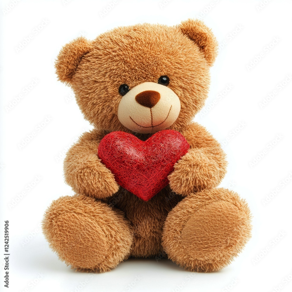Obraz premium Adorable Teddy Bear: A Plush Bear Holding a Red Heart on a Clean White Background