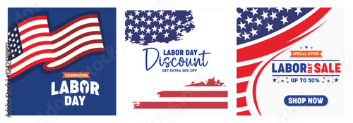 Labor Day promotional designs with American flag graphics.