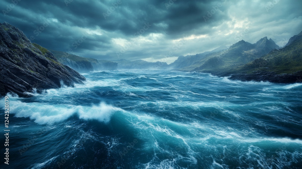 Fototapeta premium Stormy Seas: Turbulent Ocean Waves Under a Dramatic, Moody Sky