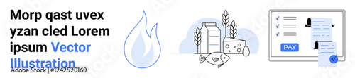 Water drop, milk, cheese, fish, grains, receipt, and pay button. Ideal for utilities agriculture groceries e-commerce payments resources digital economy. Abstract line flat metaphor