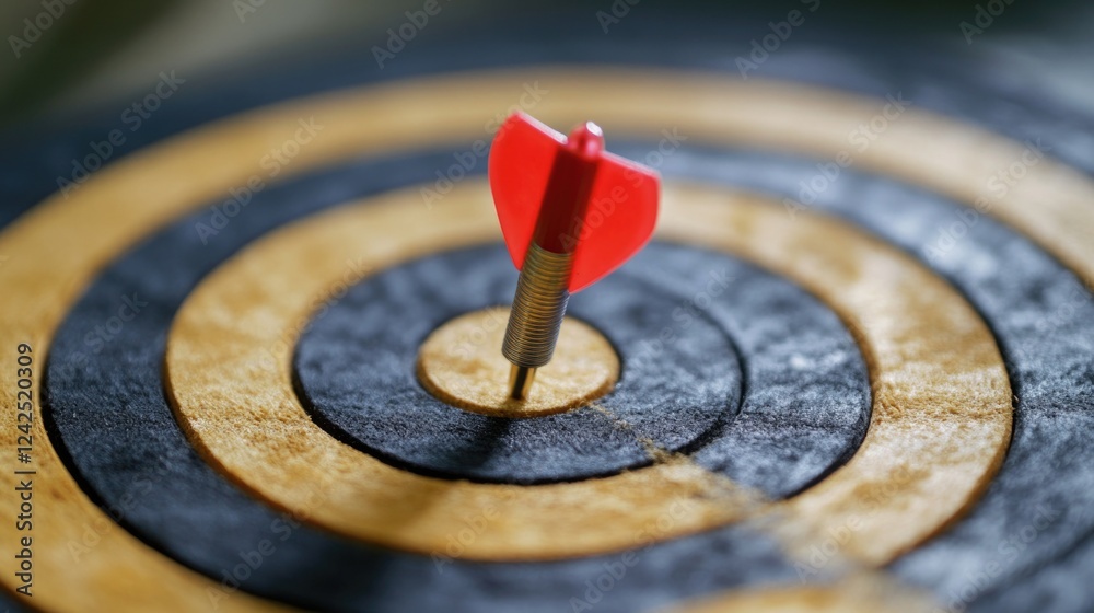 Close-up of a red dart hitting the center of a black and golden dartboard symbolizing successful strategy planning and goal achievement Close-up of a red dart hitting the center of a black and golden dartboard symbolizing successful strategy planning and goal achievement