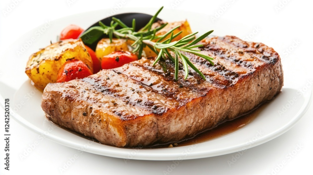 Grilled Beef Steak with Rosemary Garnish Accompanied by Colorful Roasted Vegetables on a White Plate Isolated on a White Background Grilled Beef Steak with Rosemary Garnish Accompanied by Colorful Roasted Vegetables on a White Plate Isolated on a White Background