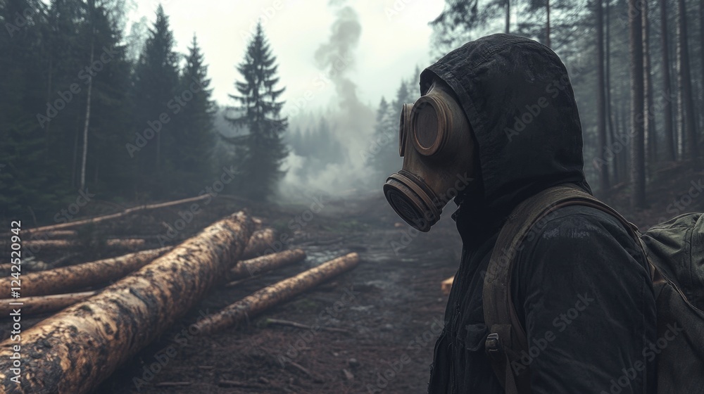 Fototapeta premium Somber figure in gas mask stands amidst a misty, deforested landscape with fallen trees and smoky background, evoking environmental concern and isolation.
