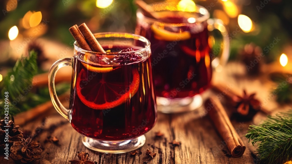 Fototapeta premium Warm and Spiced Mulled Wine in Glass Mugs with Cinnamon Sticks and Citrus Slices on Rustic Wooden Table Surrounded by Pine Cones and Greenery with Warm Holiday Lights