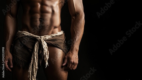 Muscular adult man with defined abs wearing brown loincloth and rope belt, standing against a dramatic black background, showcasing strength and confidence.