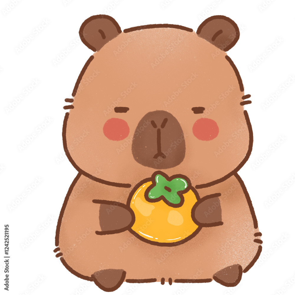 Cute capybara holding orange, with calm expression and rosy cheeks Cute capybara holding orange, with calm expression and rosy cheeks