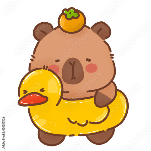 Cute capybara with duck floatie and fruit on its head