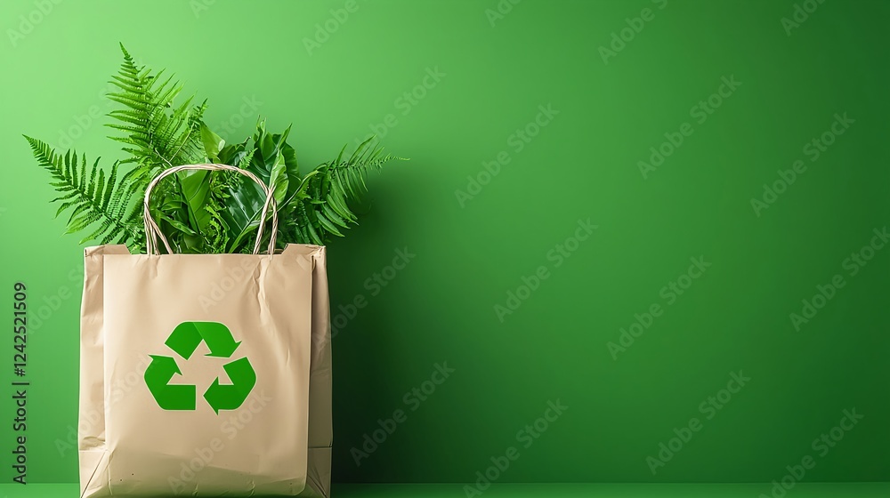 Green Paper Bag with Plants and Recycle Symbol Green Paper Bag with Plants and Recycle Symbol