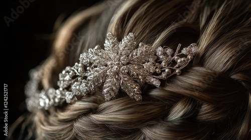 Elegant Braided Silver Hair Ornament Adorning Bride's Hairstyle in Luxurious Wedding Setting with Soft Brown Hair and Intricate Details photo