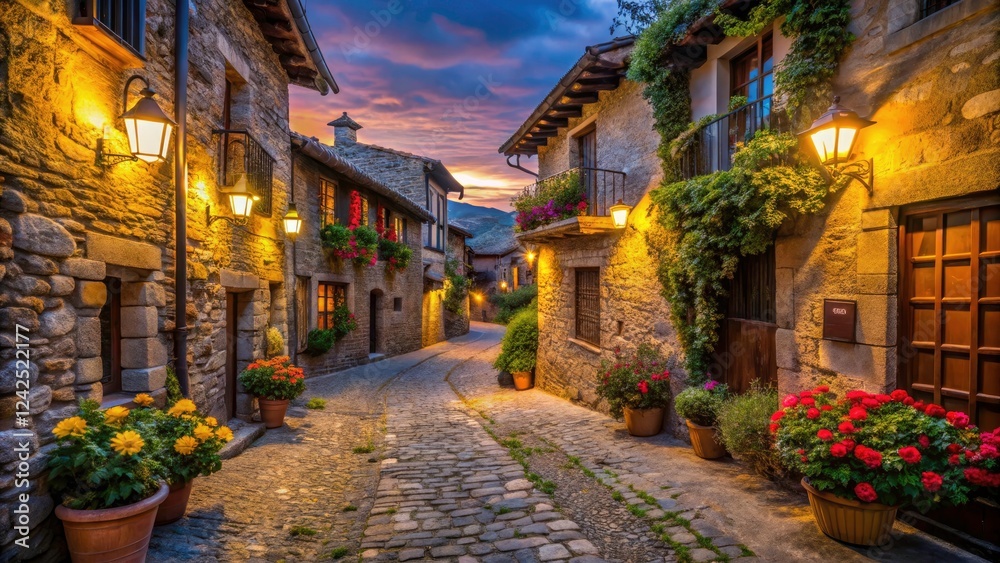 Fototapeta premium Enigmatic Low Light Photography of Medieval Streets in Patones de Arriba: Discover the Charm of Historic Architecture and Serene Nightscapes