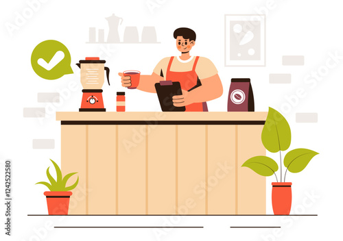 Coffee Tasting Vector Illustration featuring People Enjoying Specialty Coffee with Cups and a Kettle in a Cafe or Restaurant in a Flat Background