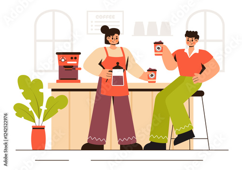 Coffee Tasting Vector Illustration featuring People Enjoying Specialty Coffee with Cups and a Kettle in a Cafe or Restaurant in a Flat Background