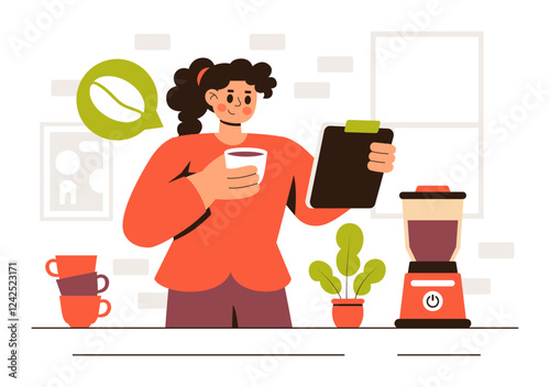 Coffee Tasting Vector Illustration featuring People Enjoying Specialty Coffee with Cups and a Kettle in a Cafe or Restaurant in a Flat Background