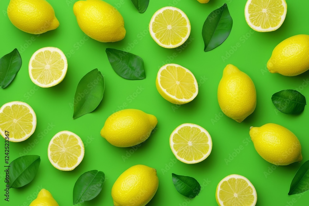 Fototapeta premium Seamless Pattern Featuring Lemons on a Green Background