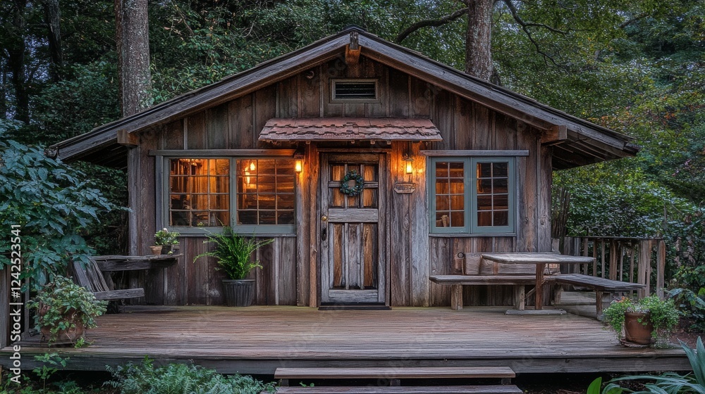 A cozy cabin with a rustic front door and a deck A cozy cabin with a rustic front door and a deck