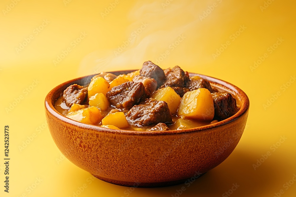 A steaming bowl of Massaman curry with chunks of braised beef, potatoes, and peanuts, served in a traditional ceramic dish, against a vibrant mustard yellow background. A steaming bowl of Massaman curry with chunks of braised beef, potatoes, and peanuts, served in a traditional ceramic dish, against a vibrant mustard yellow background.