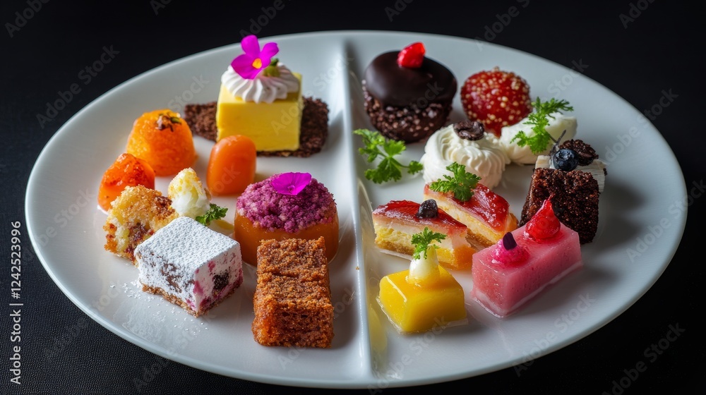 A divided plate featuring an array of colorful desserts A divided plate featuring an array of colorful desserts