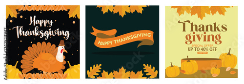 Festive Thanksgiving banners with seasonal themes and decorative illustrations.