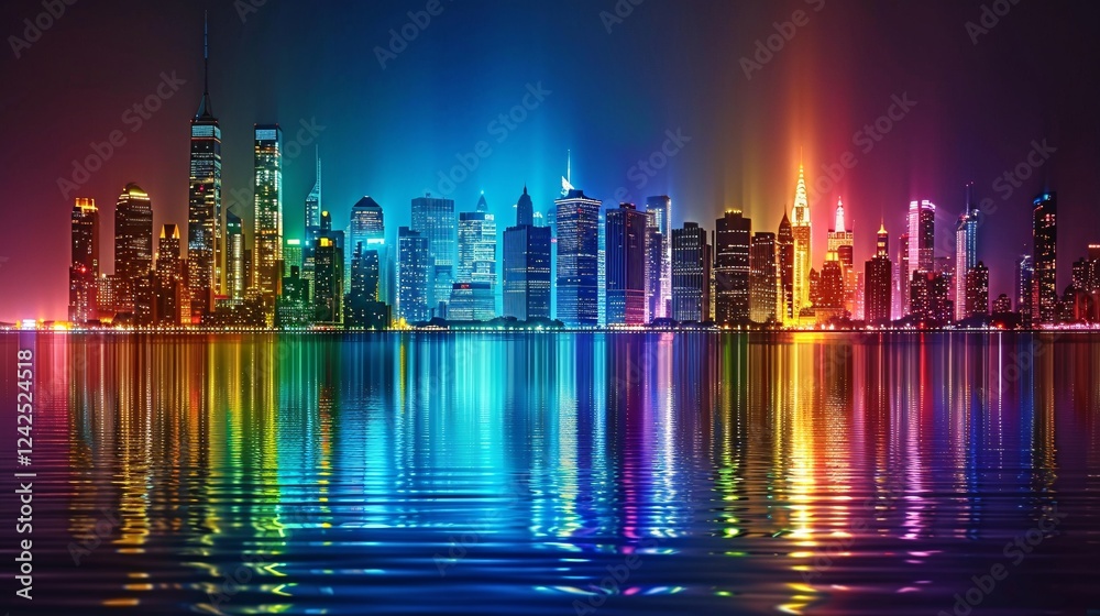 Fototapeta premium Vibrant Nightscape A Rainbow-hued City Skyline Reflected in Calm Waters