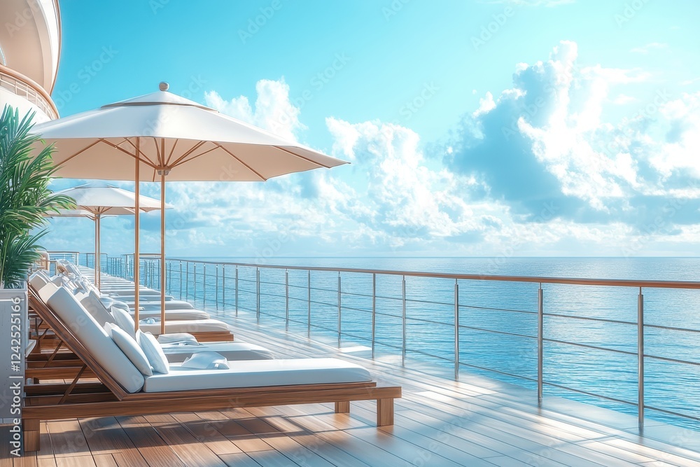 Fototapeta premium Luxury cruise ship deck with lounge chairs and umbrellas overlooking the ocean. Perfect for travel, vacation, and relaxation themes.